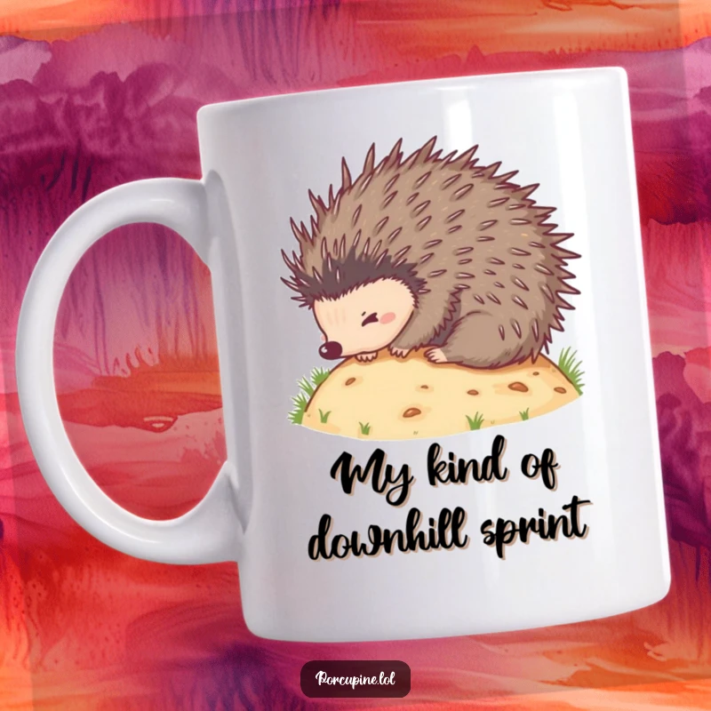 Funny mug featuring a happy porcupine comically rolling down a grassy hill, quills spread wide in a moment of joyful abandon.