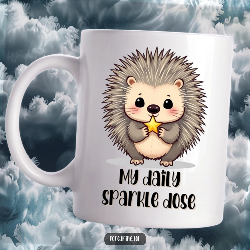 Funny Porcupine Mug: A porcupine balancing a tiny, shimmering star on its nose with focused, hilarious concentration.