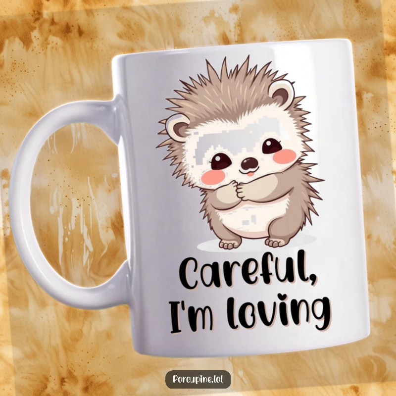 Funny mug featuring a porcupine offering a prickly hug with a shy smile, radiating warmth and humorous charm for a delightful beverage experience.