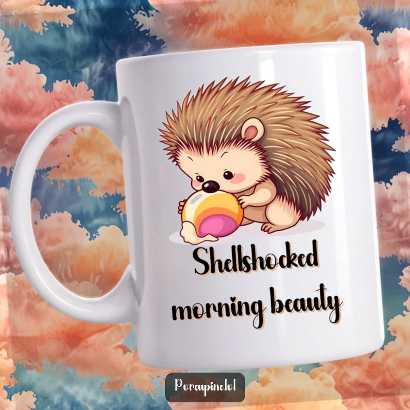 Funny seashell porcupine mug showing a curious porcupine examining a colorful seashell with great interest, capturing a moment of discovery.