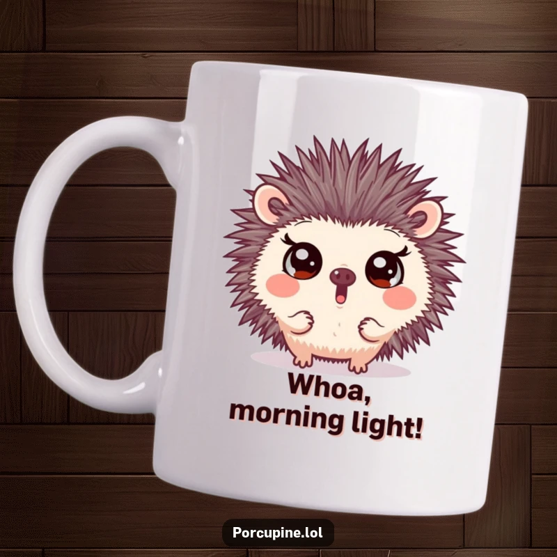 Funny mug featuring a porcupine making a surprising face with wide eyes, capturing a moment of hilarious shock and amusement for coffee lovers.