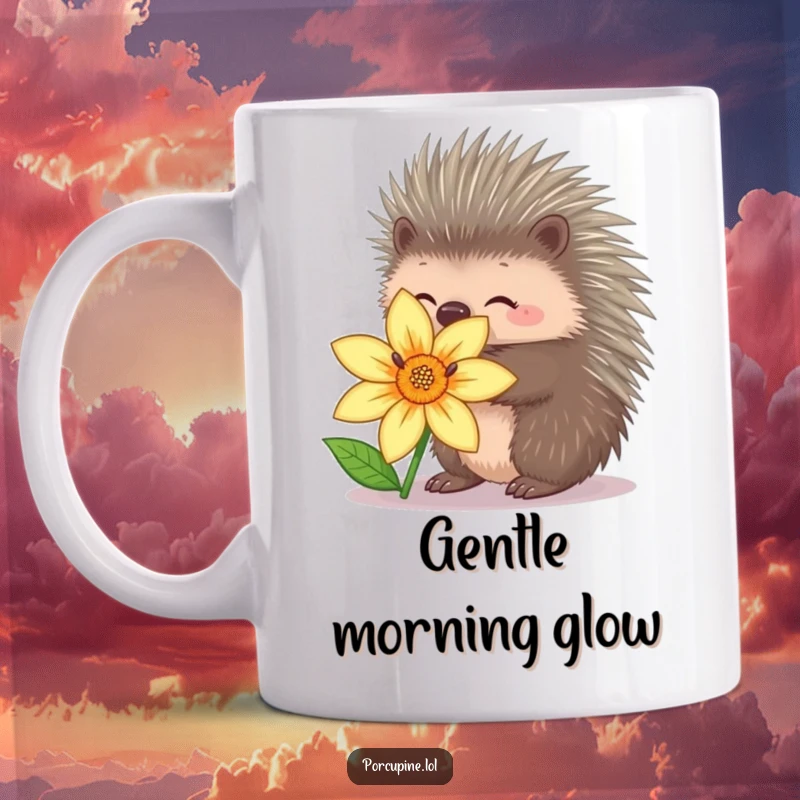 Funny porcupine mug showing a porcupine gently trying to hug a flower, quills retracted, conveying sweet, humorous affection.