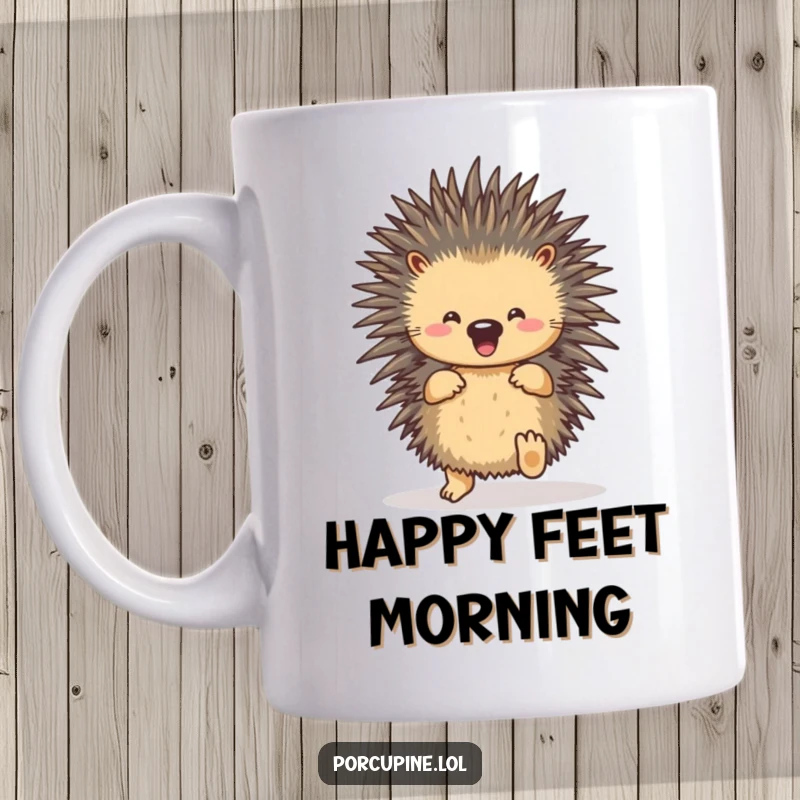 Funny porcupine mug showing a cute porcupine doing a happy little shuffle with its feet, radiating pure joy.