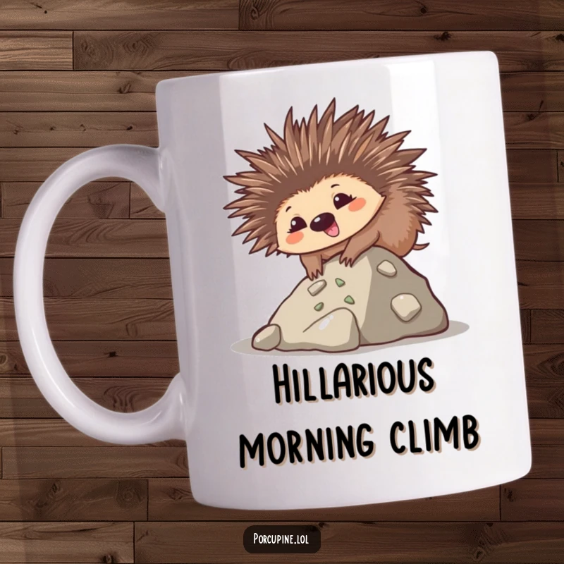 Funny mug featuring a goofy kawaii porcupine with a smile, trying to climb a small hill, showing determination.