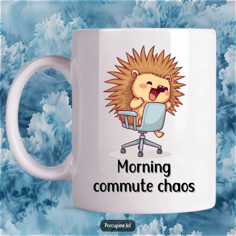 Funny porcupine mug showing a porcupine excitedly riding a runaway rolling office chair with a thrilled expression.