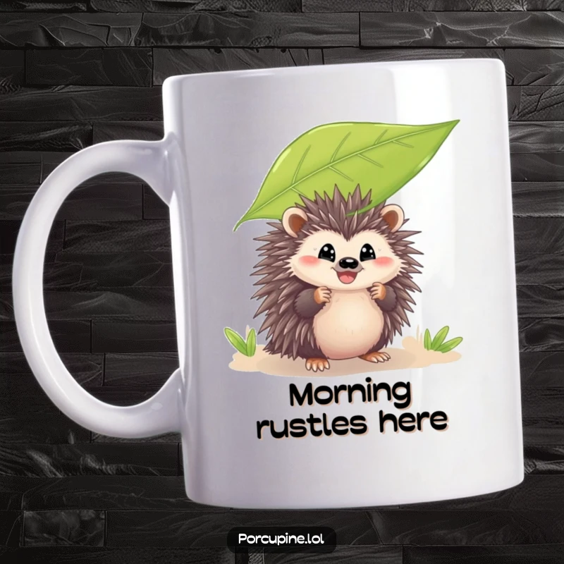 Funny mug featuring a porcupine peeking from behind a large leaf with a wide grin, exuding playful mischief and charm for a morning laugh.