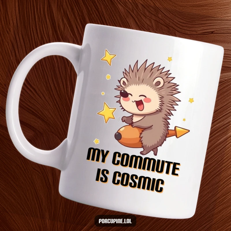 Funny Porcupine Mug: A porcupine giggling with delight while joyfully riding a fast-moving shooting star across the night sky.