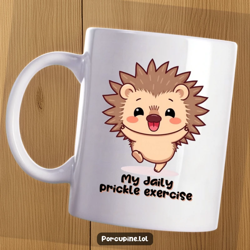 Funny Kawaii Porcupine Mug: A cute, smiling porcupine joyfully doing a little hop, spreading happiness and cheer with its adorable prickly charm.