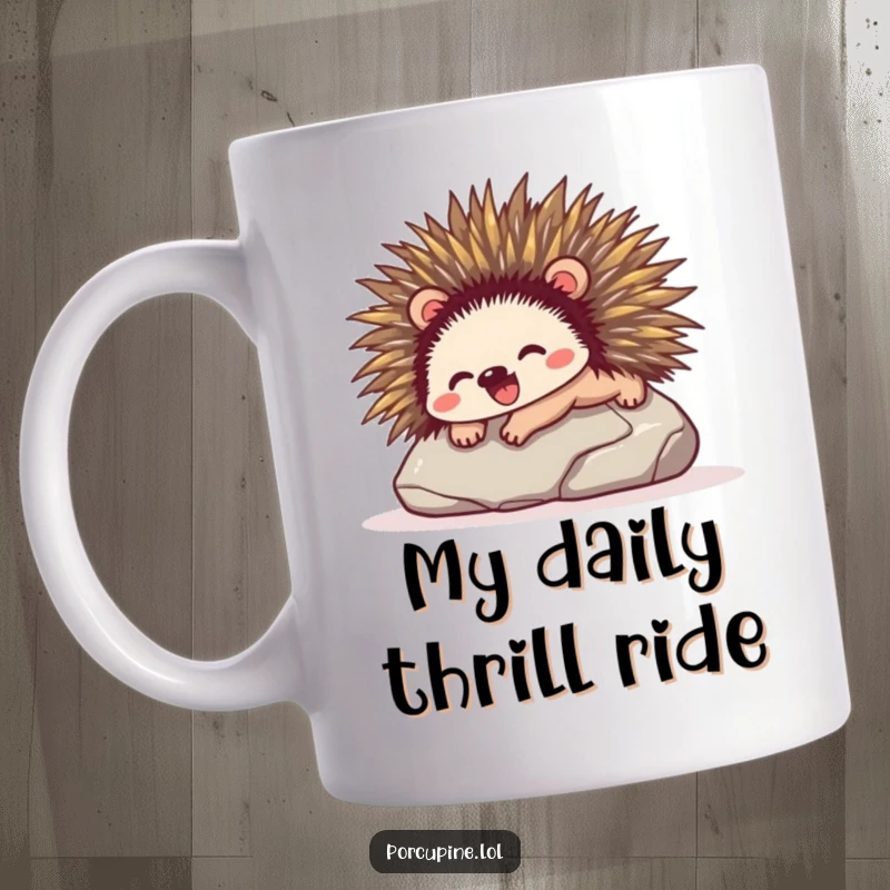 Funny mug featuring a porcupine gleefully sliding down a smooth stone, showcasing its joyful and uninhibited personality.