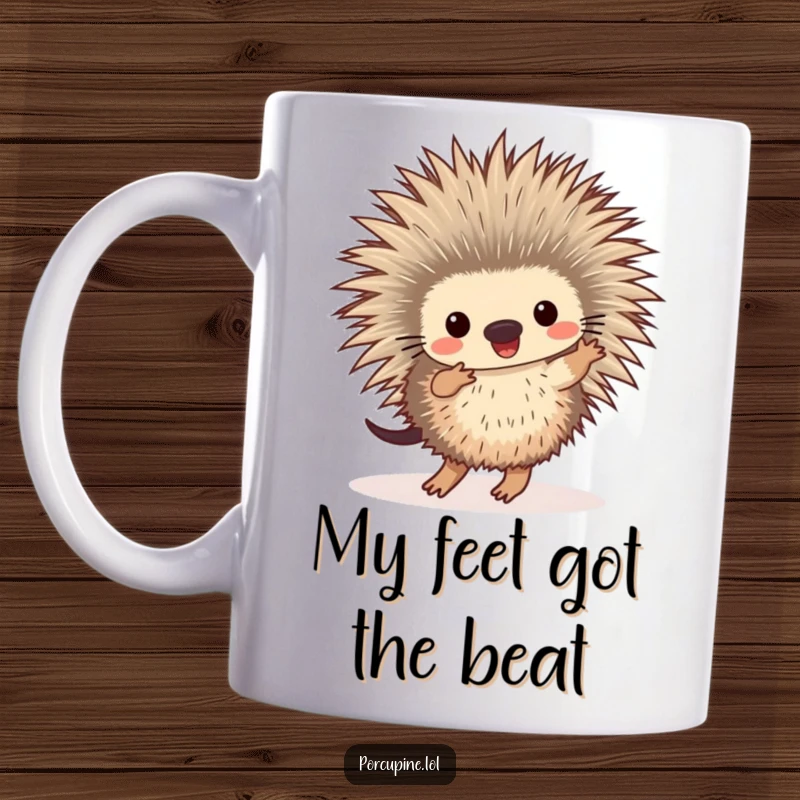 Funny mug featuring a cartoon porcupine enthusiastically dancing with its tiny feet tapping rhythmically, radiating pure joy.