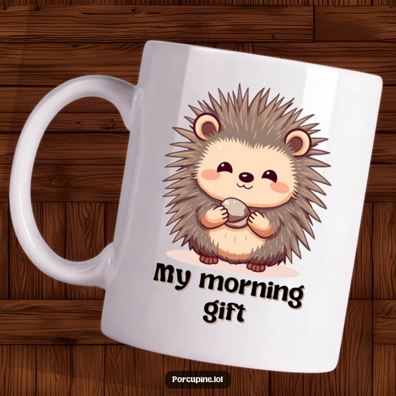 Funny mug showing a sweet porcupine with a shy smile, extending a tiny, shiny pebble as a thoughtful gift.