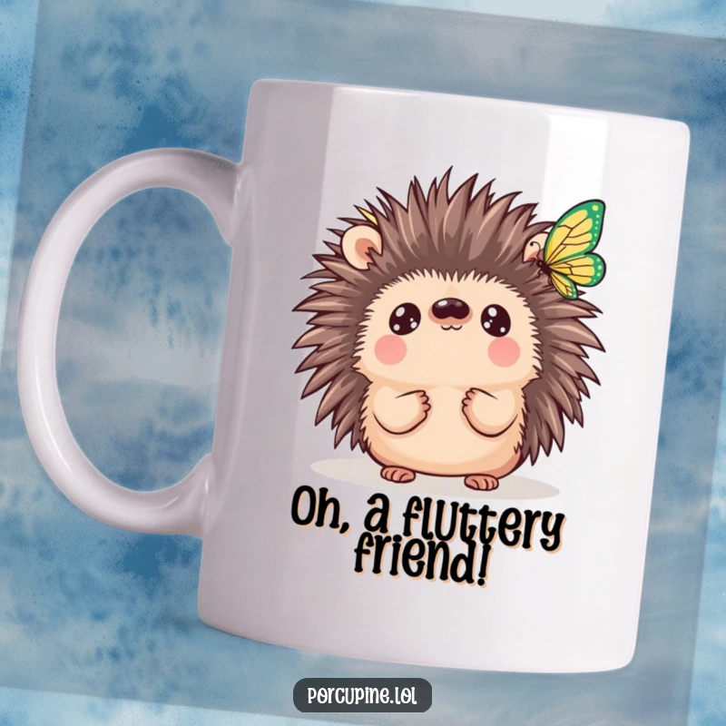 Funny Kawaii Porcupine Mug: A wide-eyed, cute porcupine mesmerized by a fluttering butterfly, showcasing innocent curiosity and gentle charm.