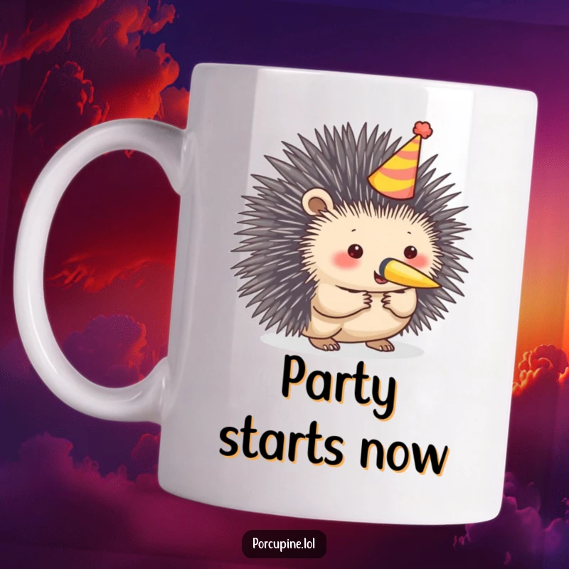 Funny porcupine mug featuring a porcupine wearing a small party hat and blowing a tiny party horn, ready to celebrate.