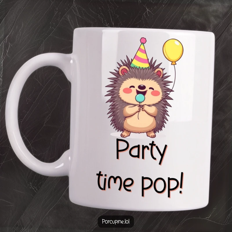 Funny porcupine mug wearing a party hat, joyfully popping a small balloon with a cheerful expression.