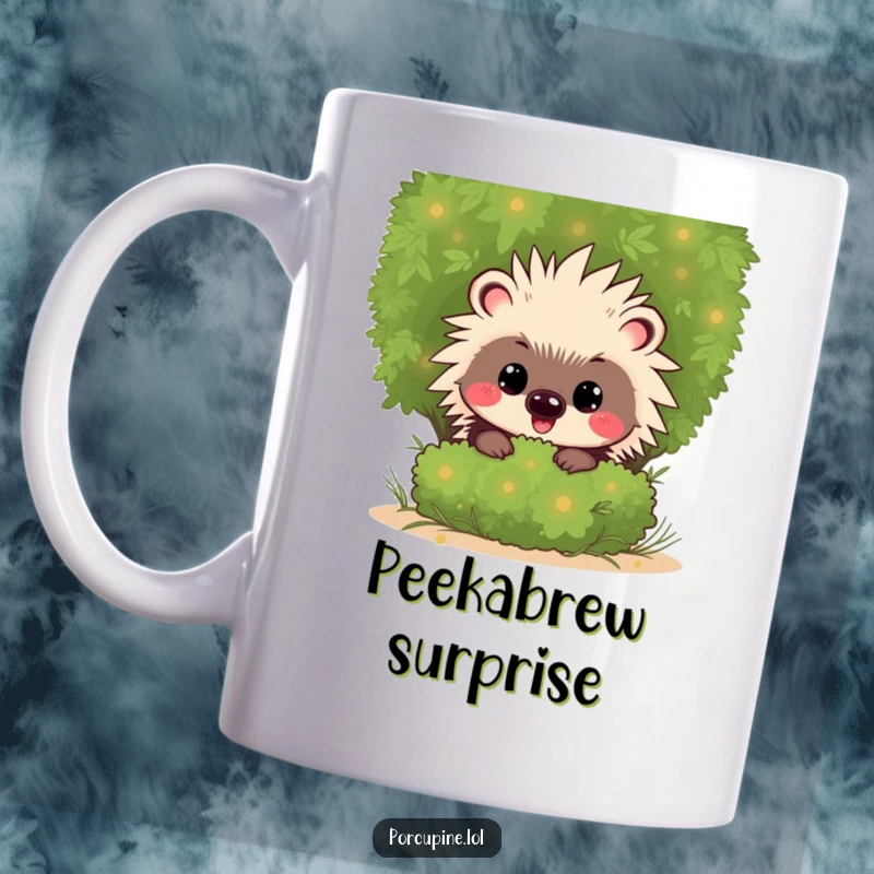 Funny Kawaii Porcupine Mug: Cute cartoon porcupine with a mischievous grin, peeking playfully from behind a green shrub.