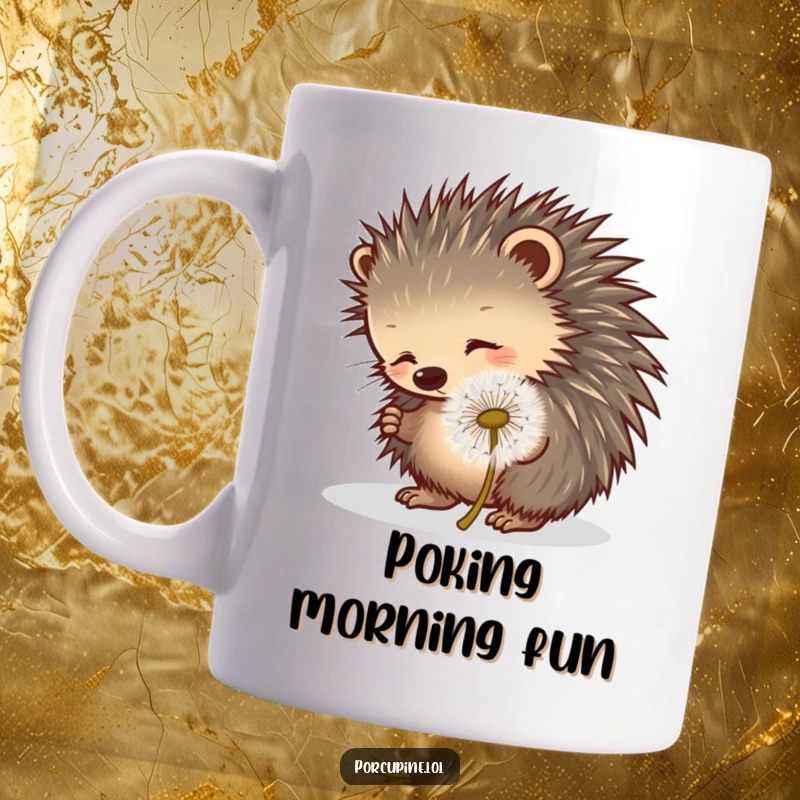 Funny porcupine mug showing a porcupine playfully poking at a fluffy, rolling dandelion seed puff.