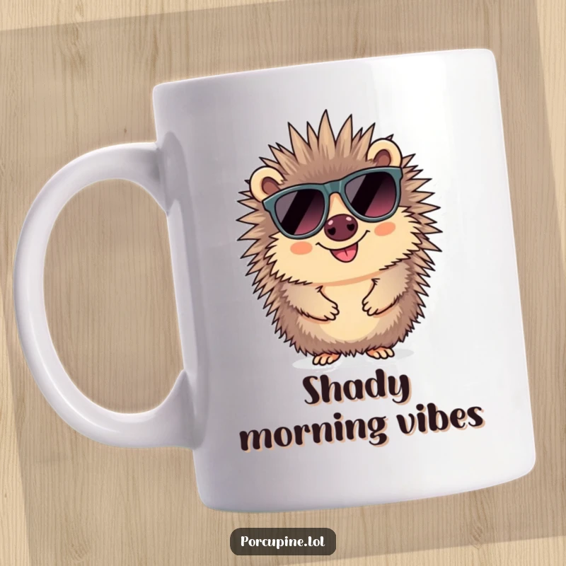 Funny sunglasses porcupine mug featuring a smiling porcupine looking super cool in oversized, stylish sunglasses, exuding effortless charm.