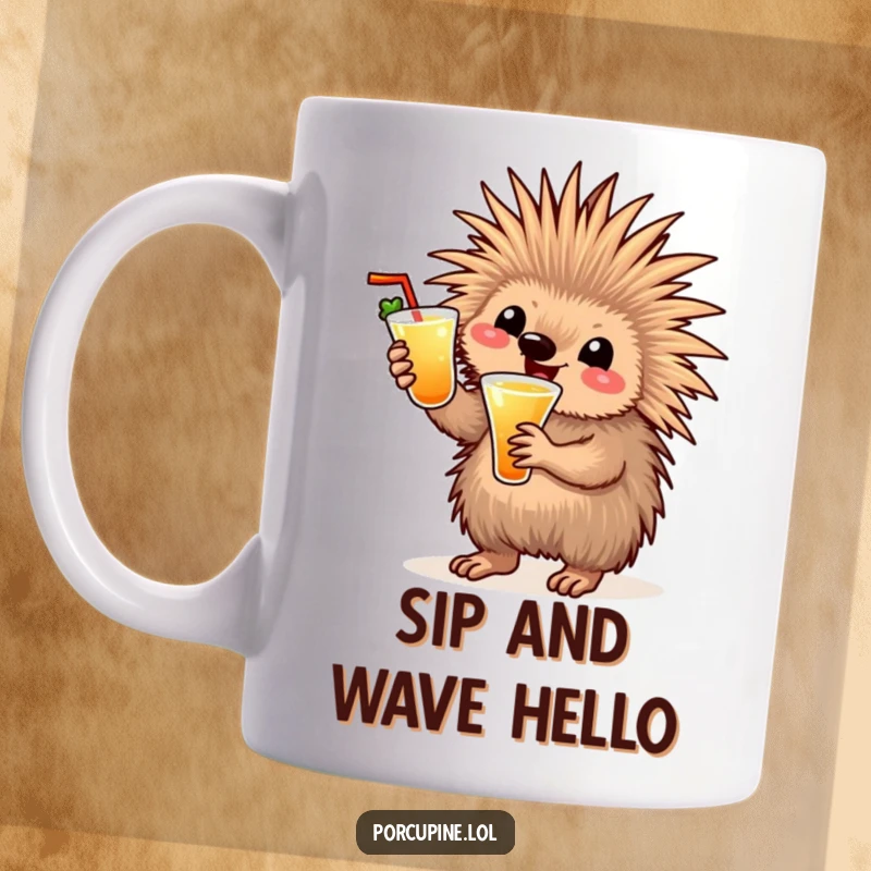Funny cocktail porcupine mug showing a cheerful porcupine holding a colorful drink and waving enthusiastically, ready for a good time.
