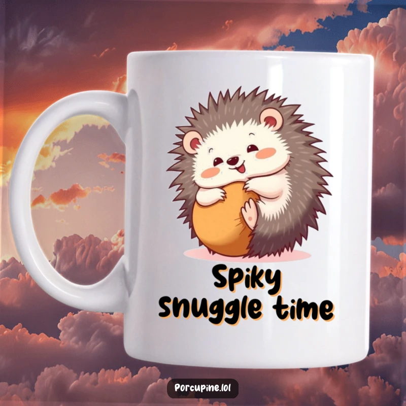 Funny mug featuring a porcupine happily rolling into a ball, showcasing a moment of pure, playful joy and relaxation.