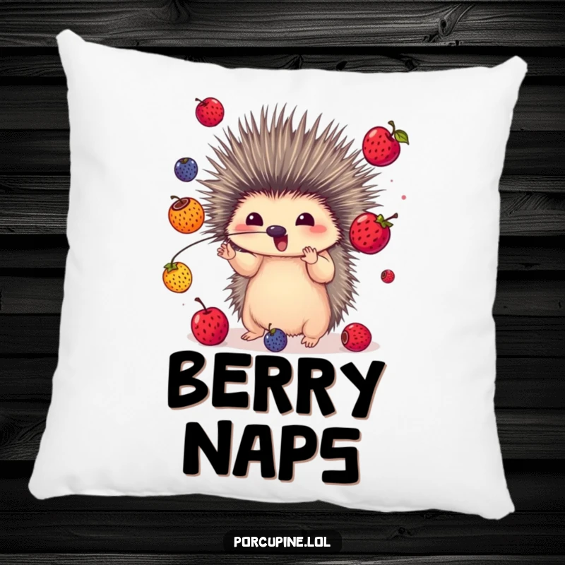 Funny pillow featuring a porcupine juggling colorful berries with its quills, offering cozy comfort and a vibrant, humorous touch.