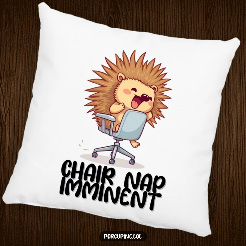 Funny porcupine pillow showing an excited porcupine riding a runaway rolling office chair, soft and amusing.
