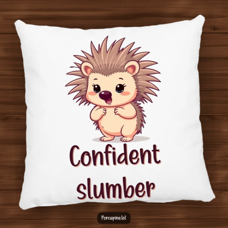 Funny confident porcupine pillow showing a porcupine striking a bold pose with slightly spread quills, offering comfort and strength.