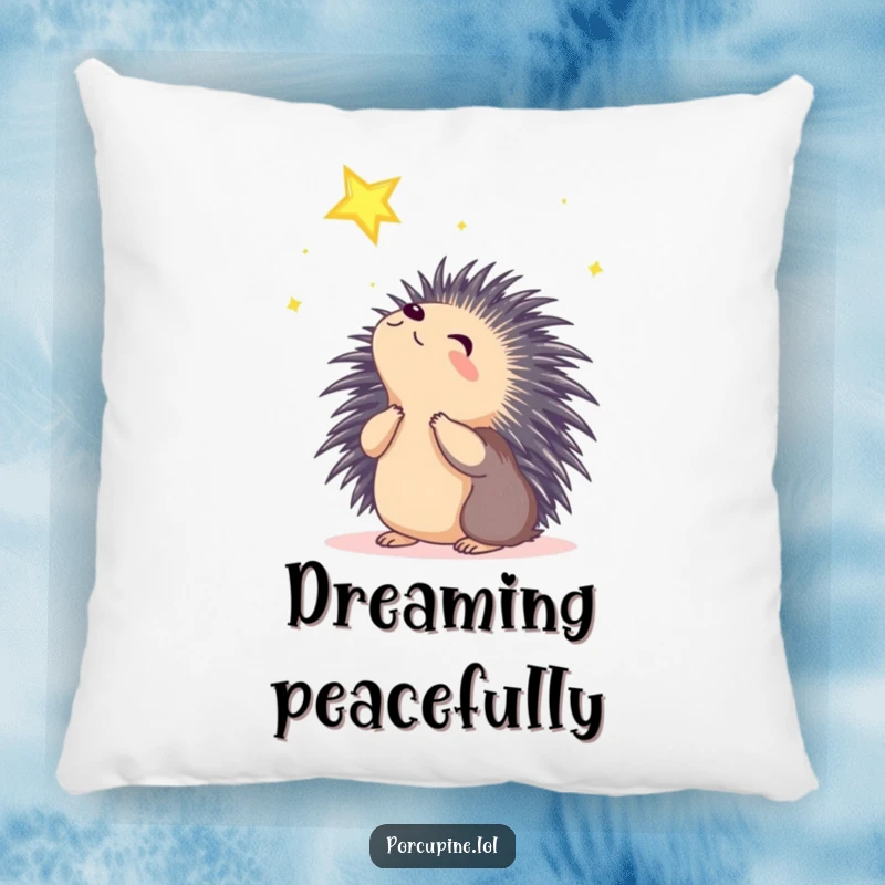 Funny wondering porcupine pillow showing a porcupine looking up at a shining star with wonder, offering comfort and dreaminess.