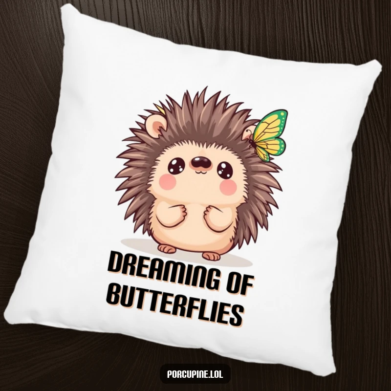 Funny Kawaii Porcupine Pillow: A soft pillow featuring a wide-eyed porcupine admiring a butterfly, offering cozy comfort and prickly enchantment.