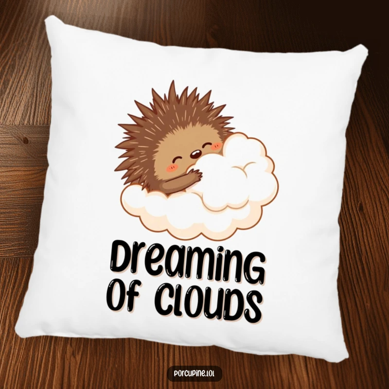Funny pillow design of a porcupine clumsily hugging a fluffy cloud, perfect for adding whimsical charm and comfort.