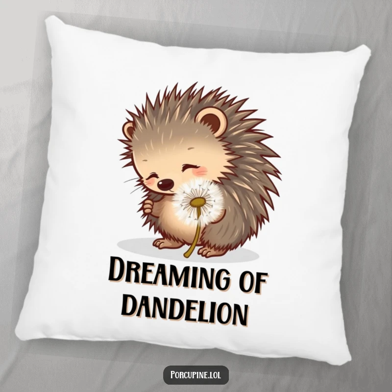 Funny porcupine pillow featuring a porcupine playfully poking a rolling dandelion puff, perfect for cozy, whimsical decor.