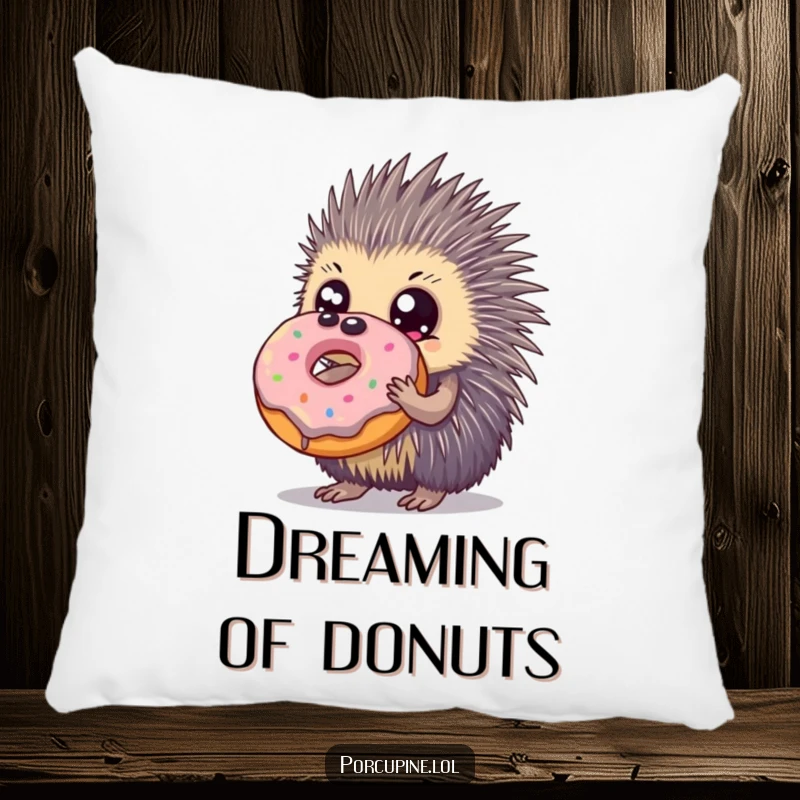 Funny pillow with a large-eyed porcupine hugging a gigantic donut, offering comfy, sweet, and humorous relaxation.