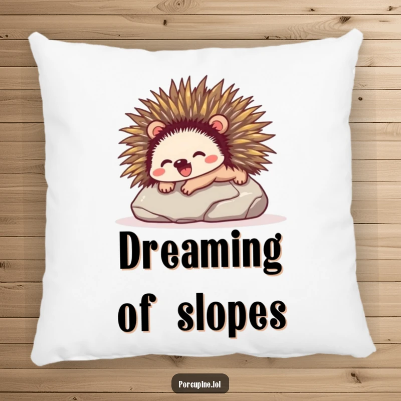 Funny decorative pillow featuring a porcupine sliding down a smooth stone with absolute glee, adding comfort and humor to any space.