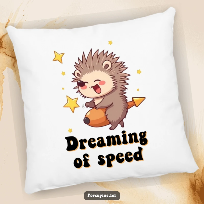 Funny Porcupine Pillow: Porcupine giggling while riding a shooting star, a funny and adventurous addition for cozy nights.