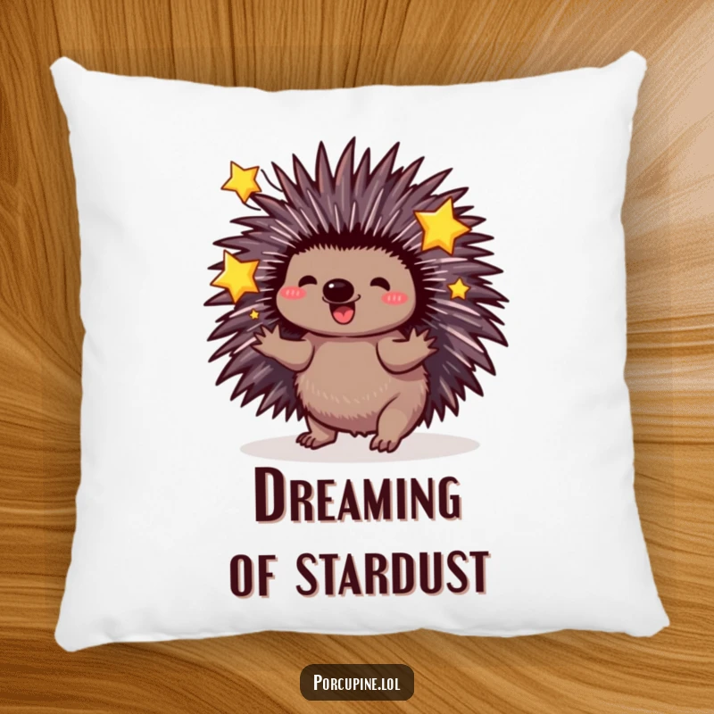 Funny Porcupine Pillow: Porcupine playfully juggling sparkling stars with extended quills, a funny and magical addition for cozy nights.