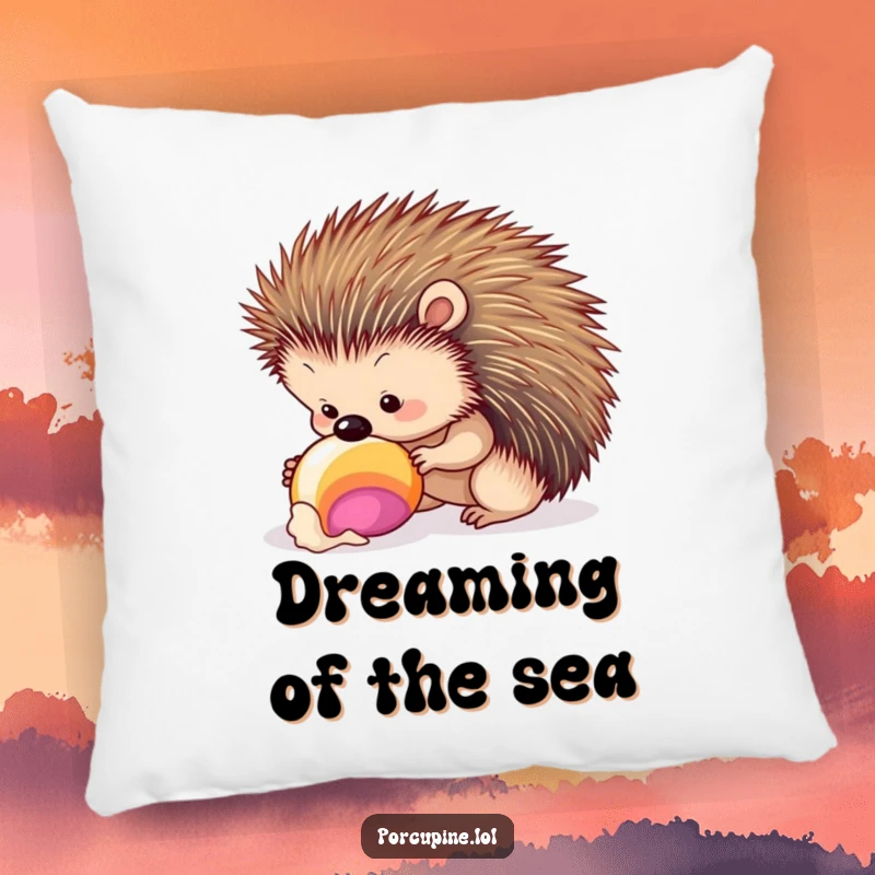 Funny seashell porcupine pillow featuring a porcupine curiously inspecting a seashell, offering comfort and a delightful beach-themed humor.