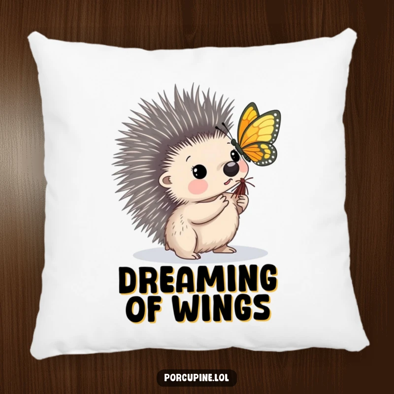 Funny pillow showing a porcupine looking intrigued as a butterfly lands gracefully on its quill.