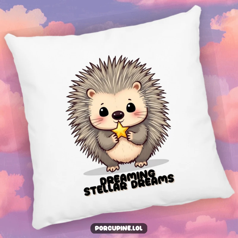 Funny Porcupine Pillow: A plush cushion showing a porcupine balancing a tiny, shimmering star on its nose with hilarious focus, perfect for comfort and inspiration.
