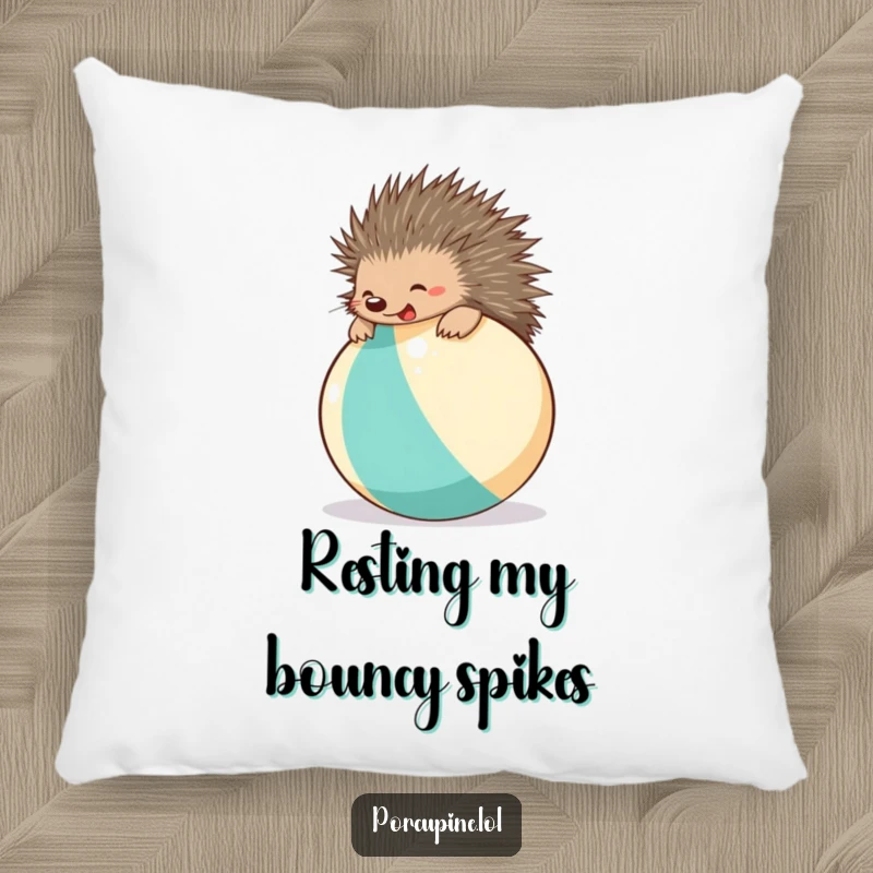 Funny beach ball porcupine pillow with a cheerful porcupine enthusiastically bouncing on a beach ball, offering comfort and humor.
