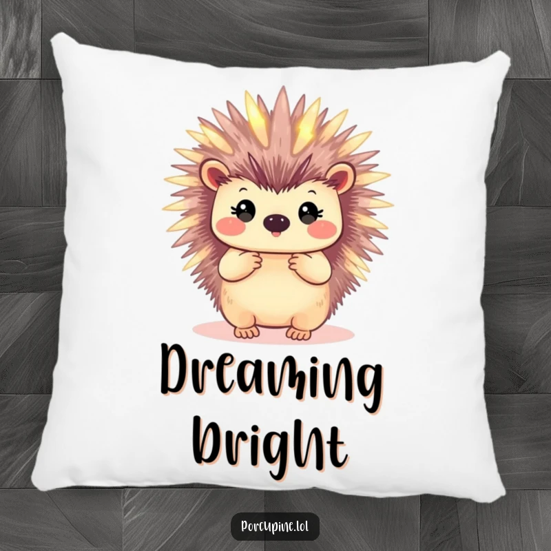 Funny pillow design featuring a porcupine whose quills emit a soft, magical glow, perfect for a whimsical touch.