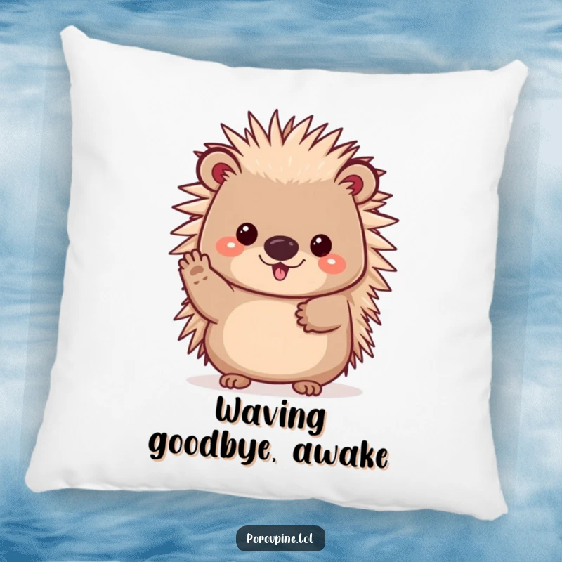 Funny pillow featuring a cheerful kawaii porcupine waving its paw, a soft and friendly accent for any room.
