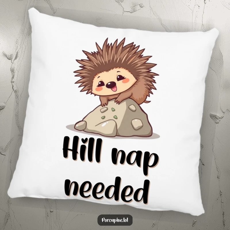 Funny pillow featuring a goofy kawaii porcupine smiling while climbing a small hill, a soft and humorous accent.