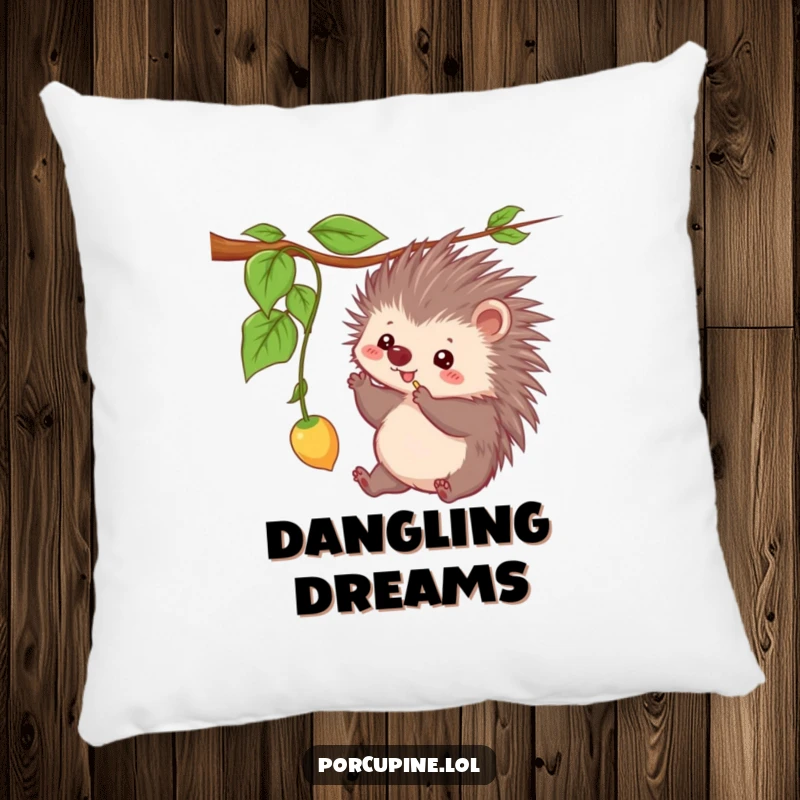 Funny pillow featuring a kawaii porcupine playfully batting at a dangling vine, adding a soft, humorous touch to any sofa.