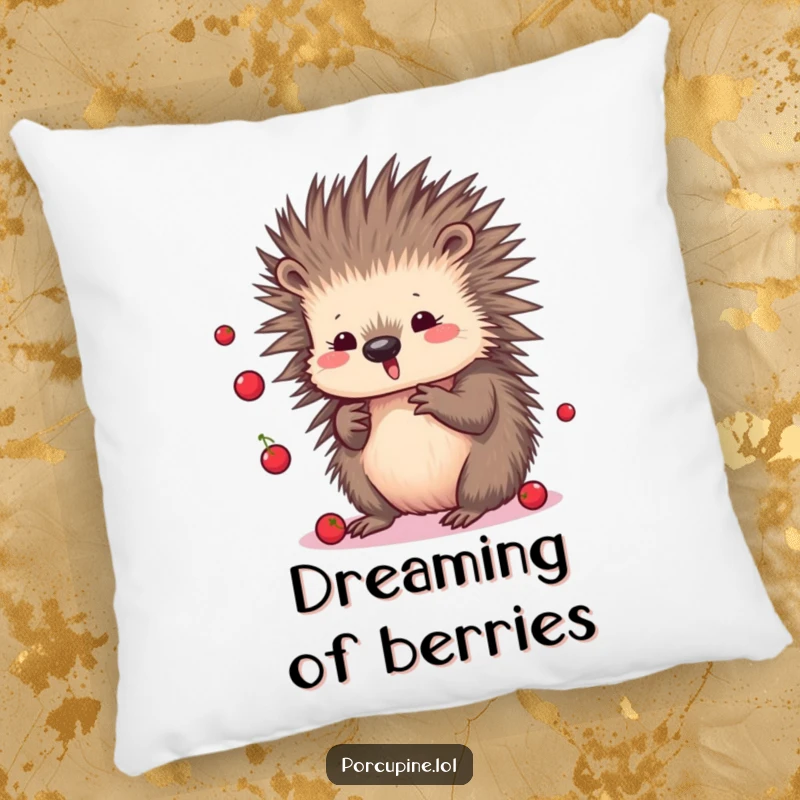 Funny Kawaii Porcupine Pillow: Soft and huggable pillow featuring a cute cartoon porcupine juggling berries, perfect for lounging.