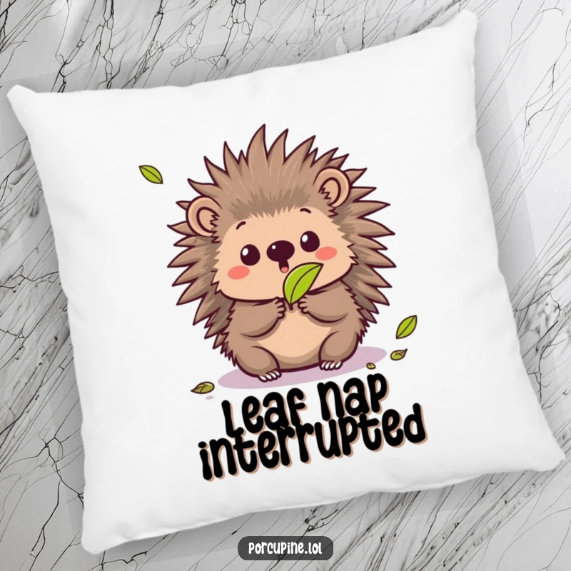 Funny pillow featuring a kawaii porcupine with a surprised expression to a falling leaf, a soft and humorous accent.