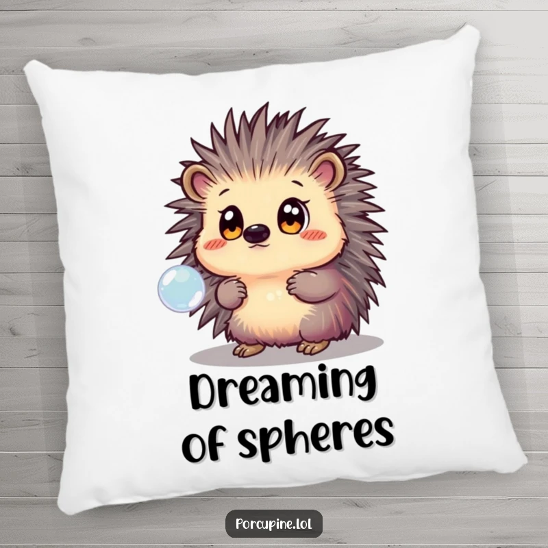 Funny Pillow featuring a porcupine with wide, amazed eyes, gazing lovingly at a shimmering, iridescent bubble floating gracefully.