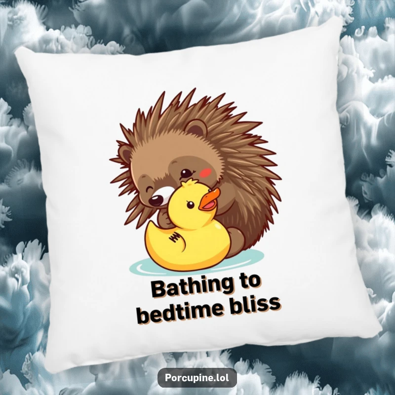 Funny pillow showcasing a porcupine playfully poking a rubber ducky, adding a humorous and comforting touch to decor.