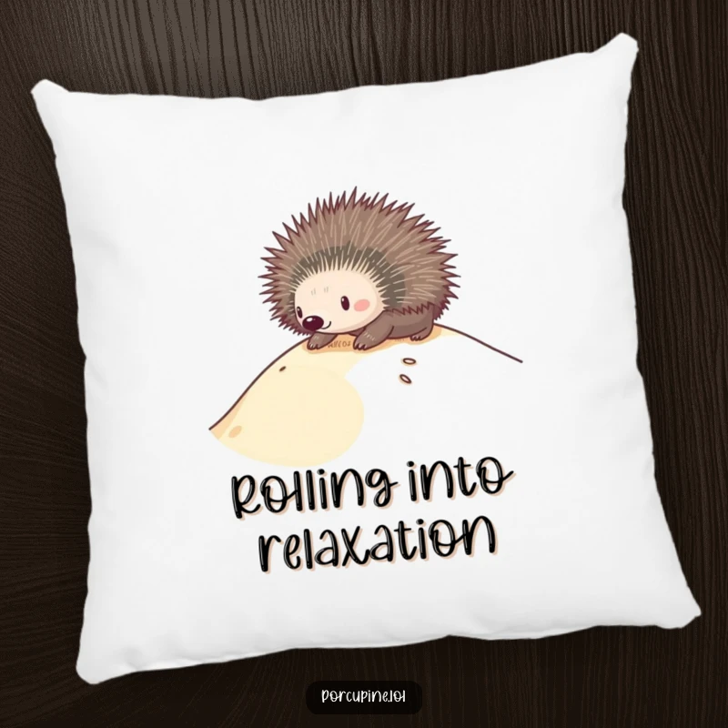 Funny pillow depicting a porcupine joyfully sliding down a sandy dune, bringing a cozy and humorous element to decor.