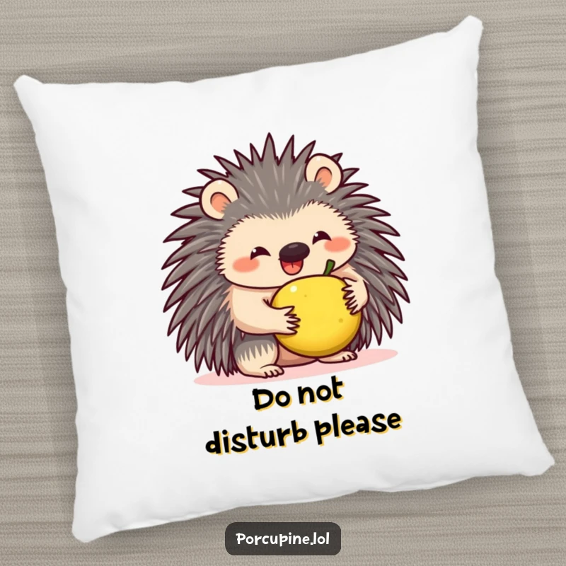 Funny pillow featuring a happy porcupine attempting to balance a small fruit on its quills, offering both comfort and comical appeal.