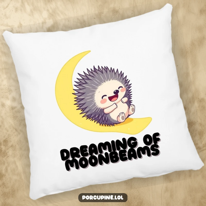 Funny pillow with a porcupine gleefully sliding down a moonbeam, providing soft comfort and a whimsical, humorous visual.