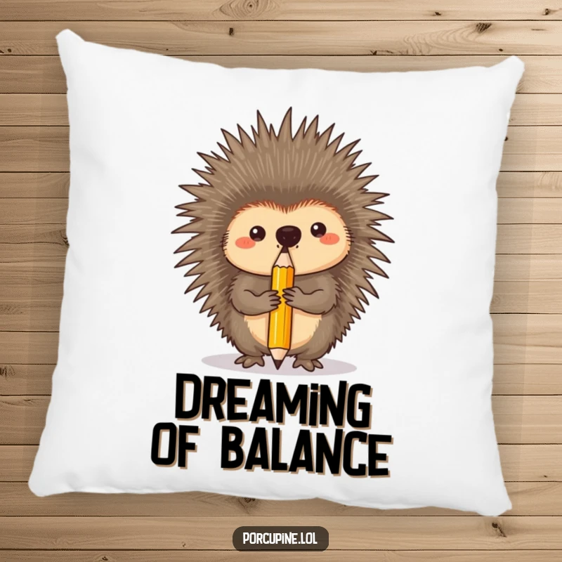 Funny pillow featuring a porcupine with intense concentration, balancing a pencil on its nose, ideal for cozy, humorous decor.
